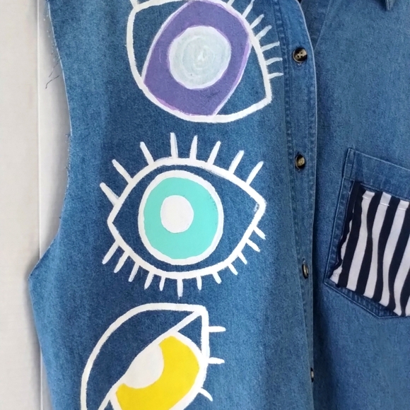 Copper Key denim artsy vest, DIY, small, boho, bohemian, art to wear - Picture 4 of 6